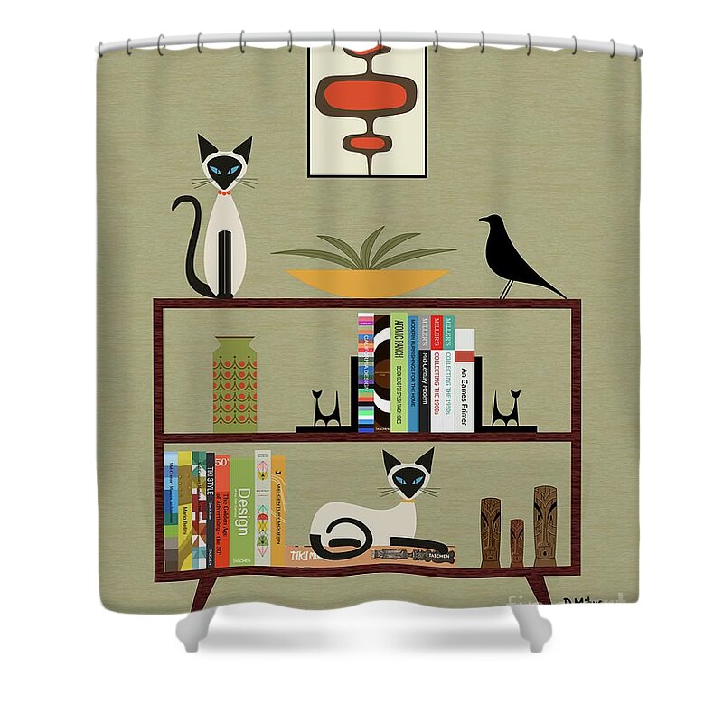 Mid Century Modern Shower Curtain featuring the digital art Mid Century Bookcase with Siamese by Donna Mibus