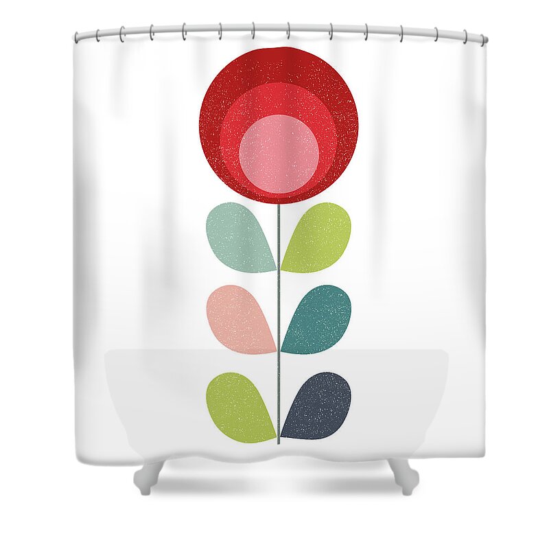 Mid-century Shower Curtain featuring the mixed media Mid Century Modern Red Flower I by Naxart Studio