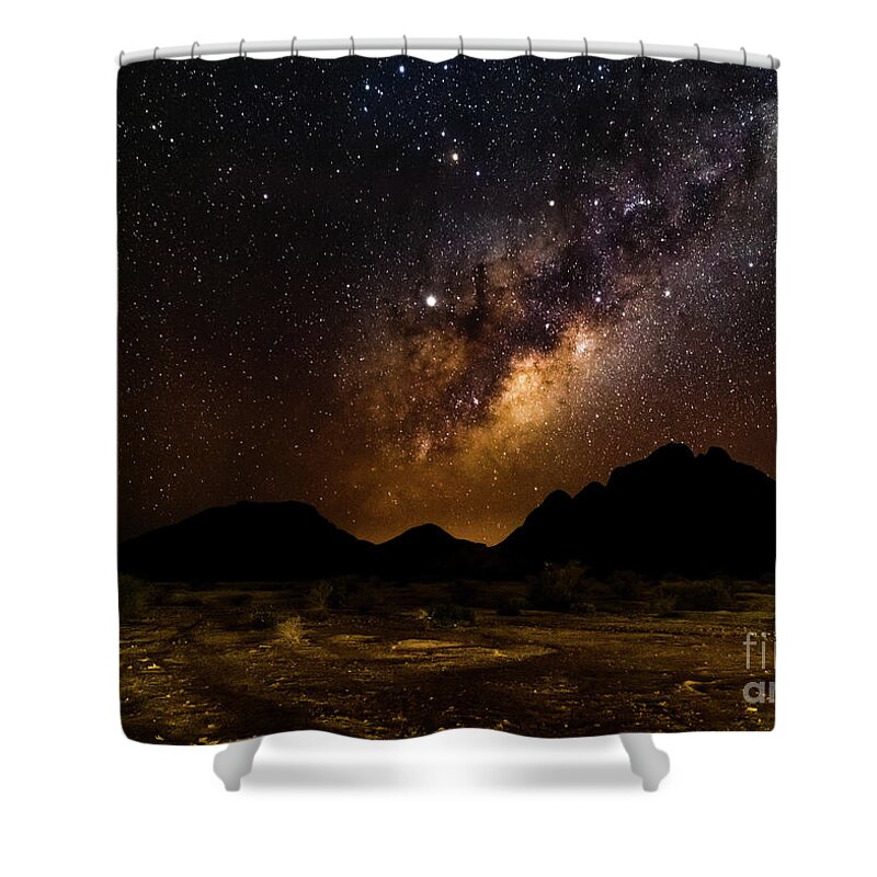 Milkyway Shower Curtain featuring the photograph Milkyway over Spitzkoppe #2, Namibia by Lyl Dil Creations