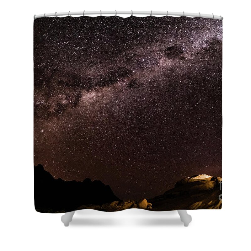 Milkyway Shower Curtain featuring the photograph Milkyway over Spitzkoppe, Namibia by Lyl Dil Creations