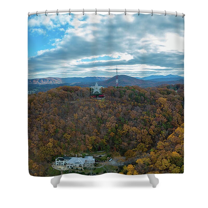 Panoramic Shower Curtain featuring the photograph Mill Mountain Star and House by Star City SkyCams