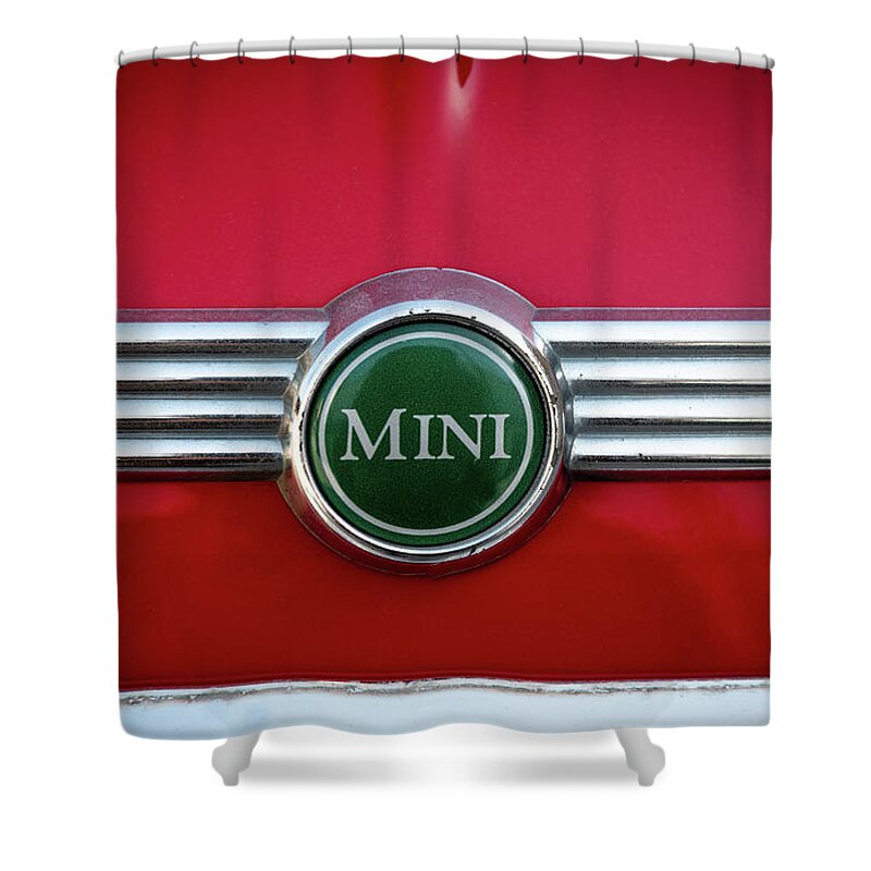 Mini Shower Curtain featuring the photograph Mini Cooper car logo on red surface by Michalakis Ppalis