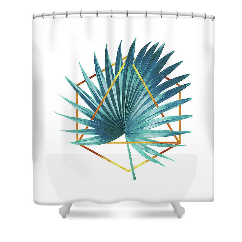 Tropical Palm Leaf Shower Curtain featuring the mixed media Minimal Tropical Palm Leaf - Palm and Gold - Gold Geometric Shape - Modern Tropical Wall Art - Blue by Studio Grafiikka