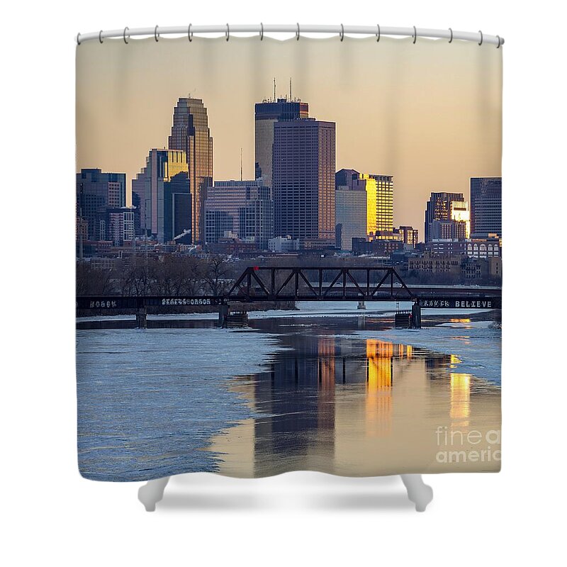 Minneapolis Shower Curtain featuring the photograph Minneapolis Skyline at Sunset by Susan Rydberg