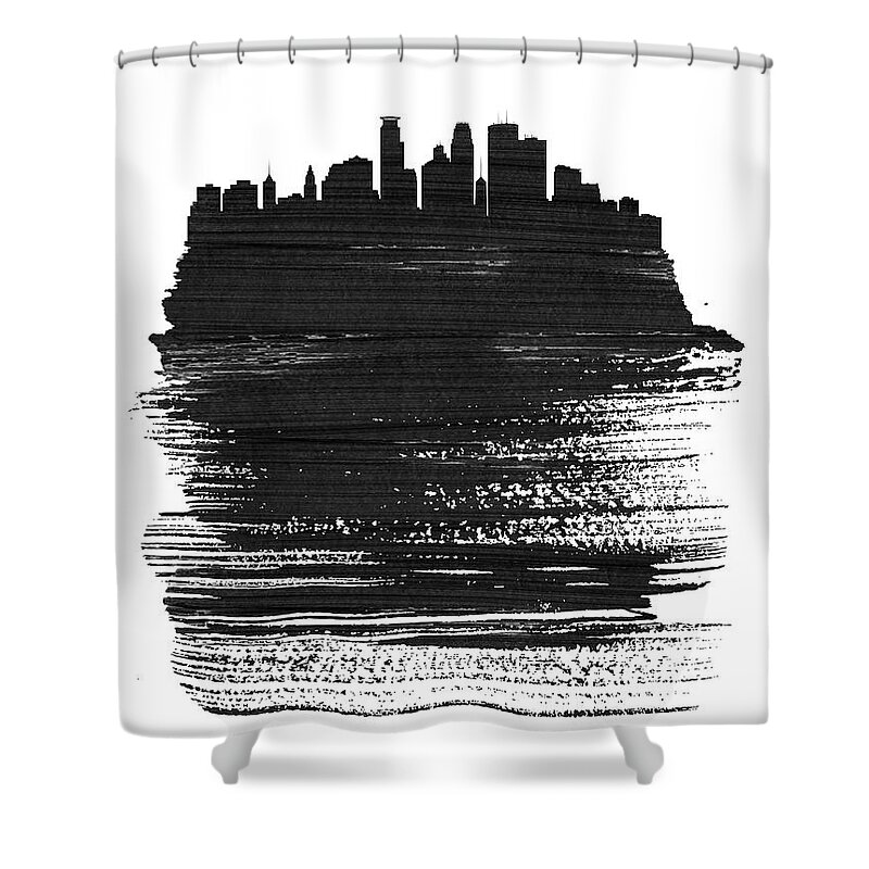 Minneapolis Shower Curtain featuring the mixed media Minneapolis Skyline Brush Stroke Black by Naxart Studio