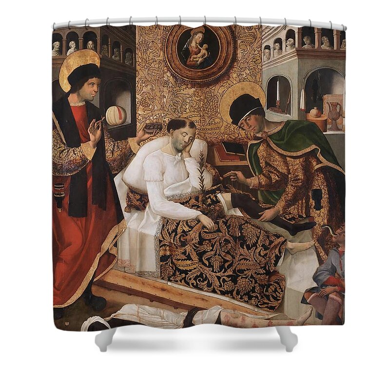 Fernando Del Rincon Shower Curtain featuring the painting 'Miracles of the Doctor Saints Cosmas and Damian'. Ca. 1510. Oil on panel. by Fernando del Rincon de Figueroa -fl 1491-1525-