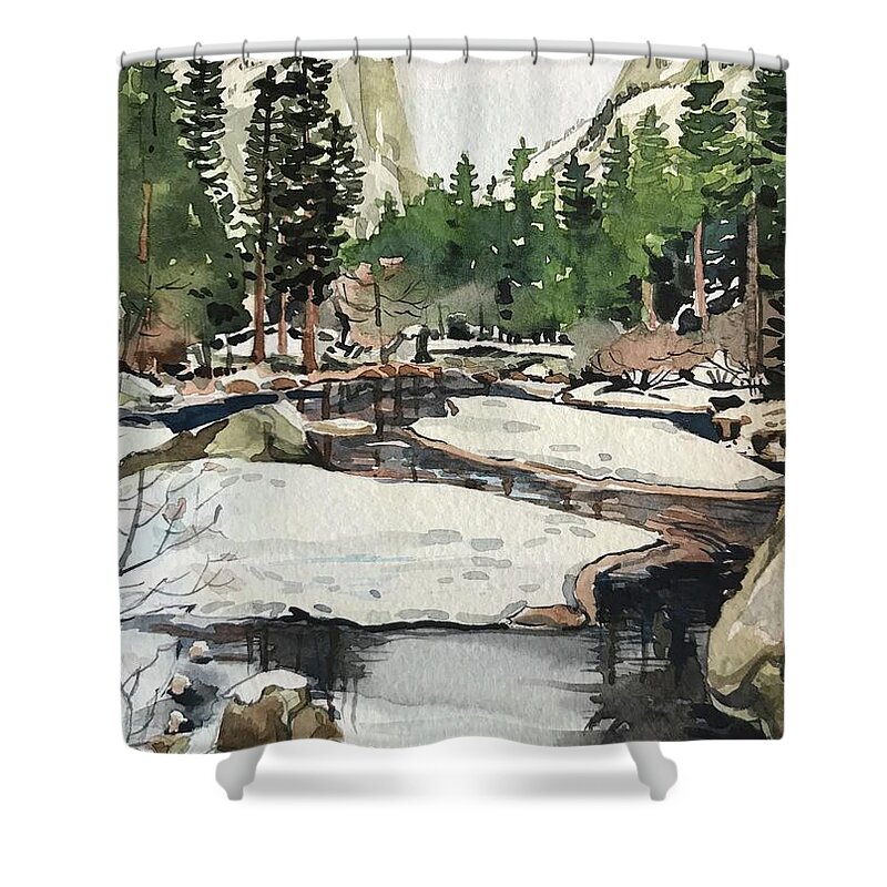 Yosemite Shower Curtain featuring the painting Mirror Lake Yosemite by Luisa Millicent