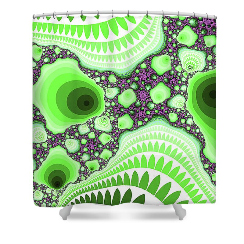 Abstract Shower Curtain featuring the digital art Mirror Peaks Green Abstract Art Image by Don Northup