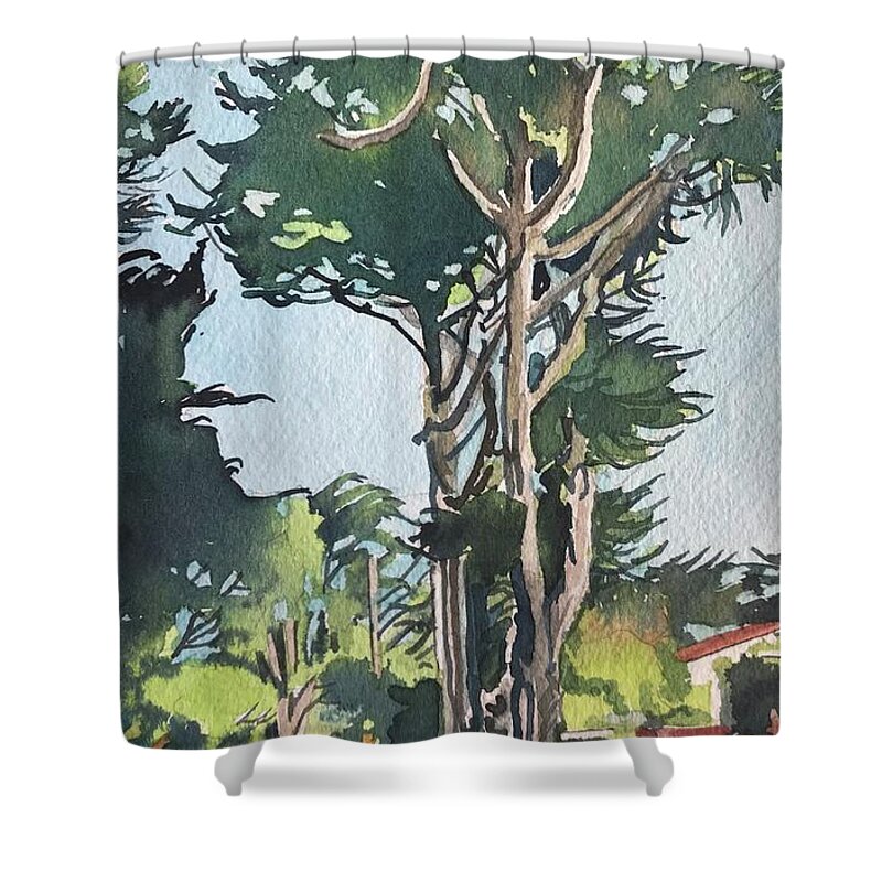 California Shower Curtain featuring the painting Mission in Carmel. by Luisa Millicent