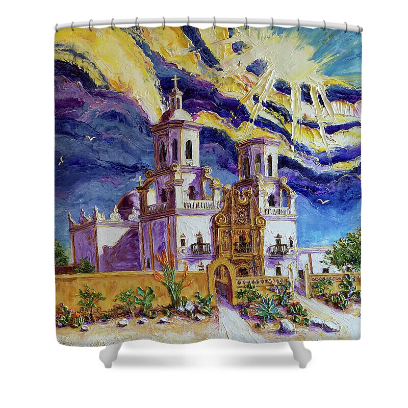 Mission Shower Curtain featuring the painting San Xavier Del Bac Mission Arizona by Paris Wyatt Llanso