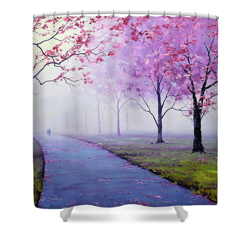 Pink Trees Shower Curtain featuring the painting Misty Blossom Trees by Graham Gercken