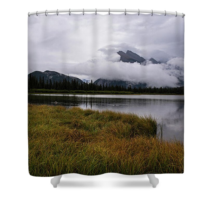 Banff Shower Curtain featuring the photograph Misty day on Vermillion Lake Banff Canada Alberta Clouds by Toby McGuire