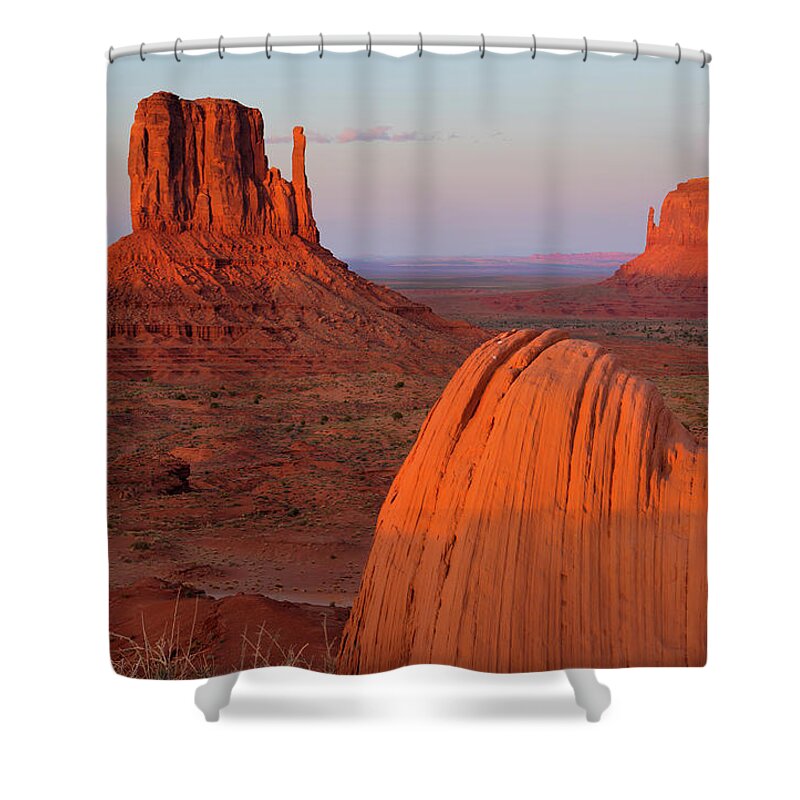 Arizona Shower Curtain featuring the photograph Mittens And Rocks Sunset Glow by Kjschoen