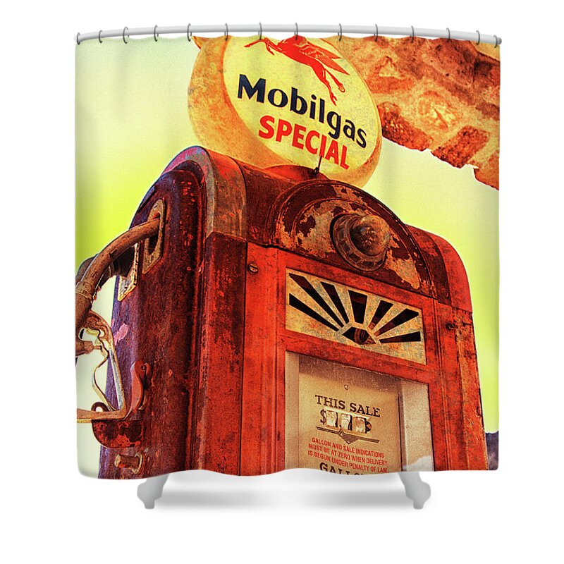 Mobilgas Shower Curtain featuring the photograph Mobilgas Special - Vintage Wayne Pump by Tatiana Travelways