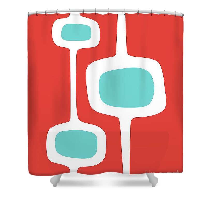 Mid Century Modern Shower Curtain featuring the digital art Mod Pod 3 Turquoise on Red by Donna Mibus