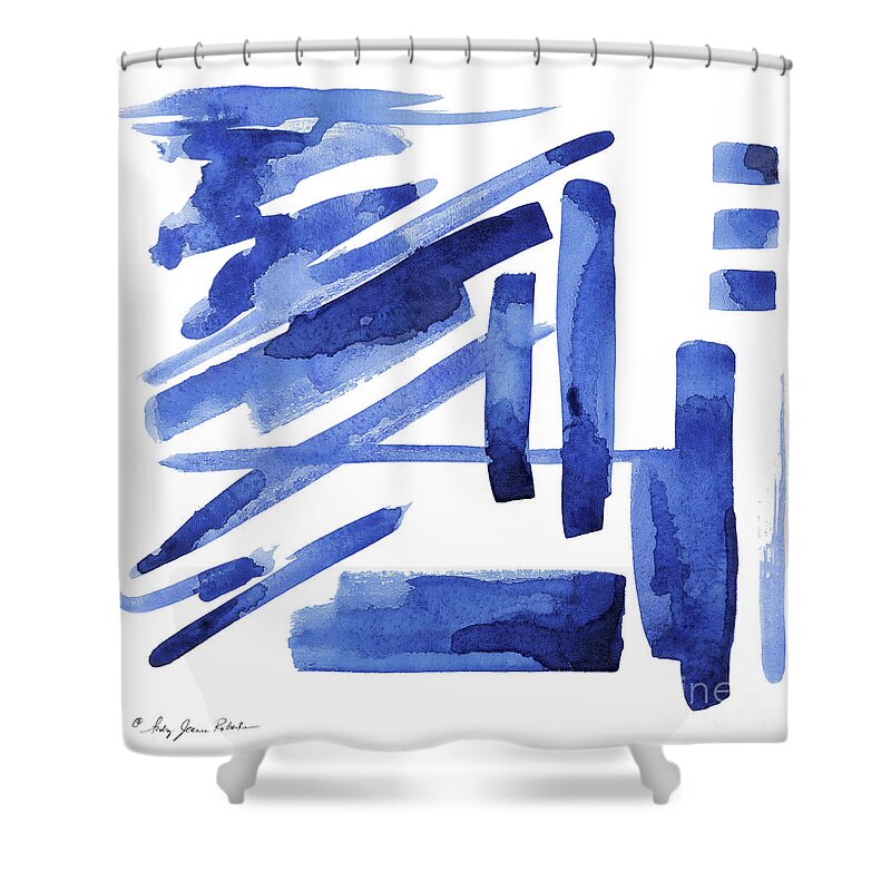 Diagonal Shower Curtain featuring the painting Modern Asian Inspired Abstract Blue and White 3 by Audrey Jeanne Roberts