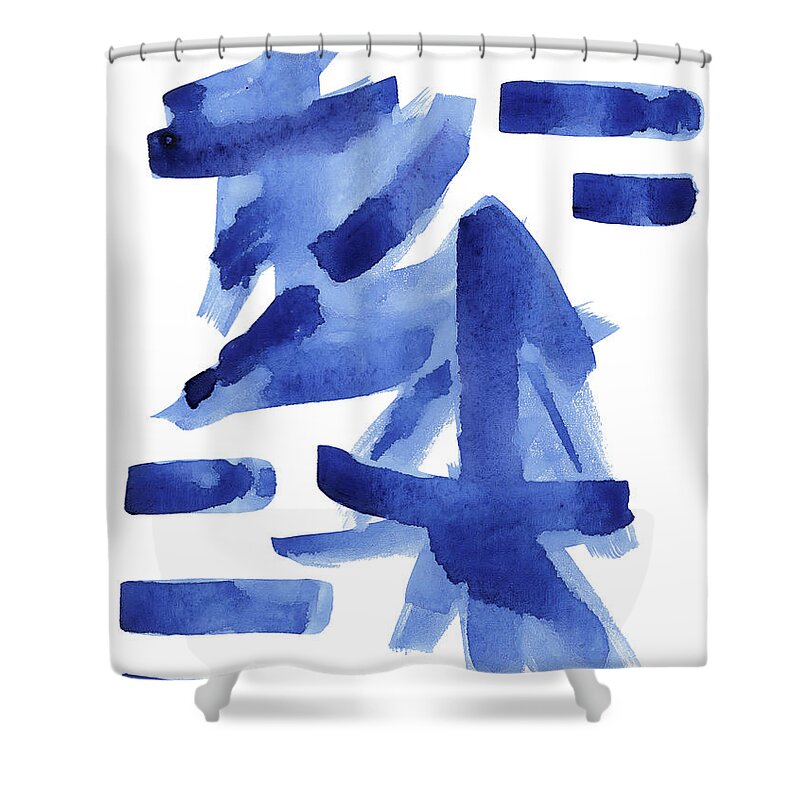 Asian Shower Curtain featuring the painting Modern Asian Inspired Abstract Blue and White by Audrey Jeanne Roberts