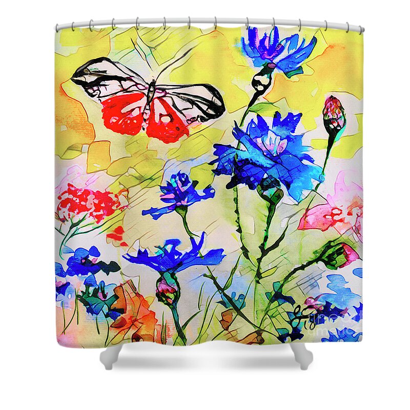Cornflowers Shower Curtain featuring the mixed media Modern Floral Art Butterfly Cornflowers by Ginette Callaway