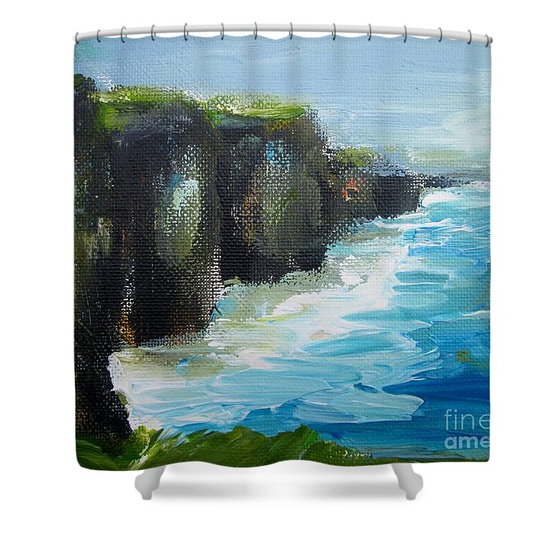 Cliffs Of Moher Shower Curtain featuring the painting Painting Of Jmoher Cliffs Ireland by Mary Cahalan Lee - aka PIXI