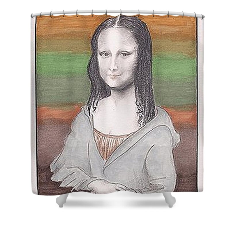 Tongue-in-cheek Shower Curtain featuring the drawing Mona Lisa, Redux, in Gray Hoodie -- Whimsical Redo of the Mona Lisa by Jayne Somogy