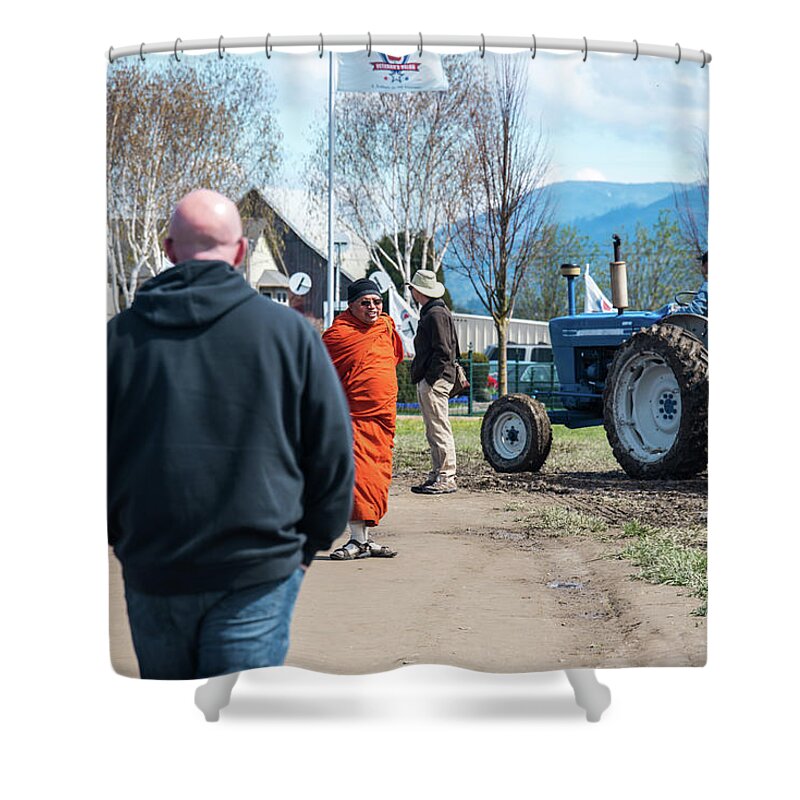 Monk And Tractor Shower Curtain featuring the photograph Monk and Tractor by Tom Cochran