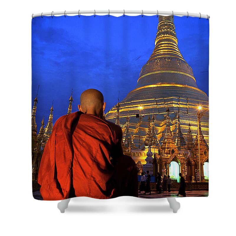 Young Men Shower Curtain featuring the photograph Monk In Shwedagon Pagode In Yangon by Daniel Osterkamp