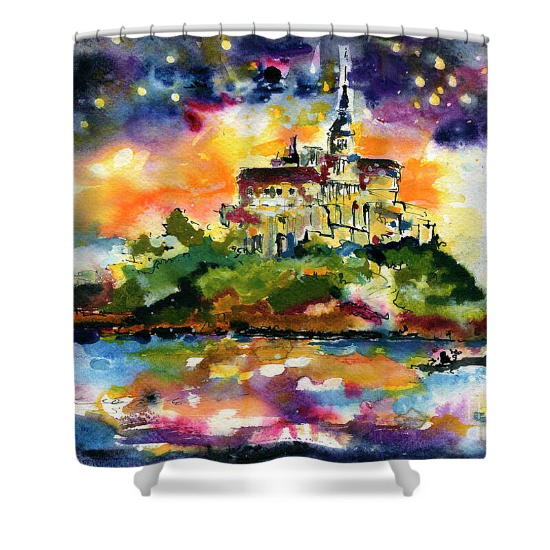 Mont Saint Michel Shower Curtain featuring the painting Mont Saint Michel France Watercolors by Ginette Callaway