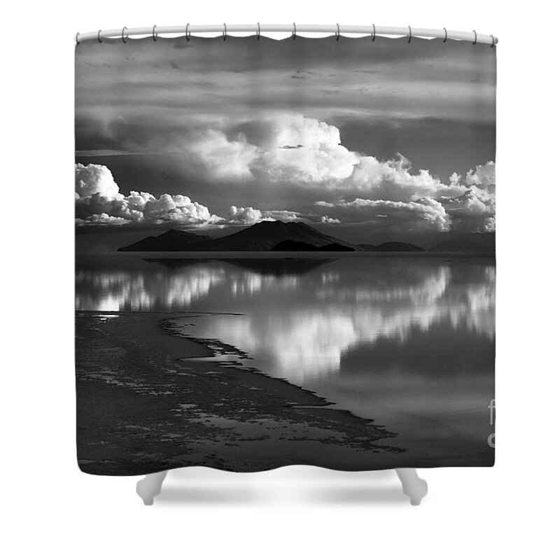 Salar De Uyuni Shower Curtain featuring the photograph Moody Monochrome Skies Over Salar de Uyuni Bolivia by James Brunker