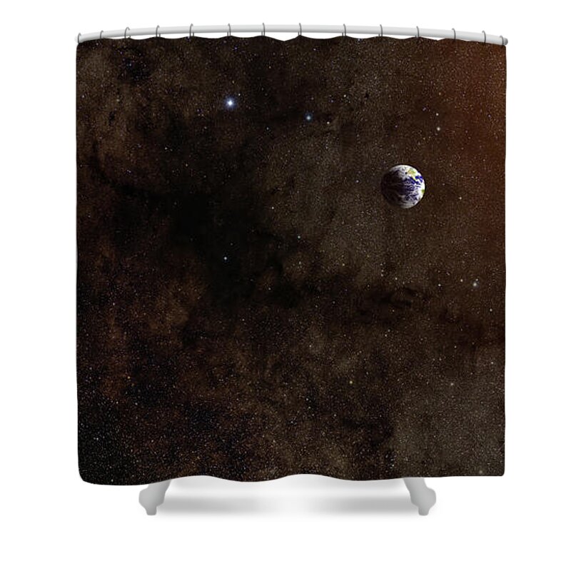 Panoramic Shower Curtain featuring the photograph Moon And Earth by Inhauscreative