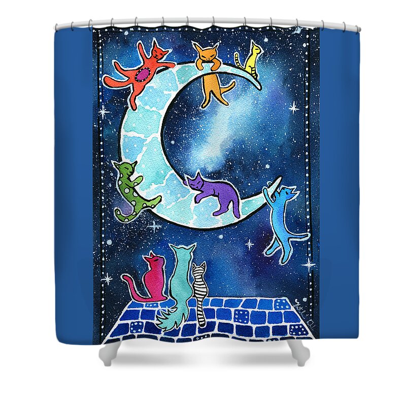 Cat Shower Curtain featuring the painting Moon Riders by Dora Hathazi Mendes