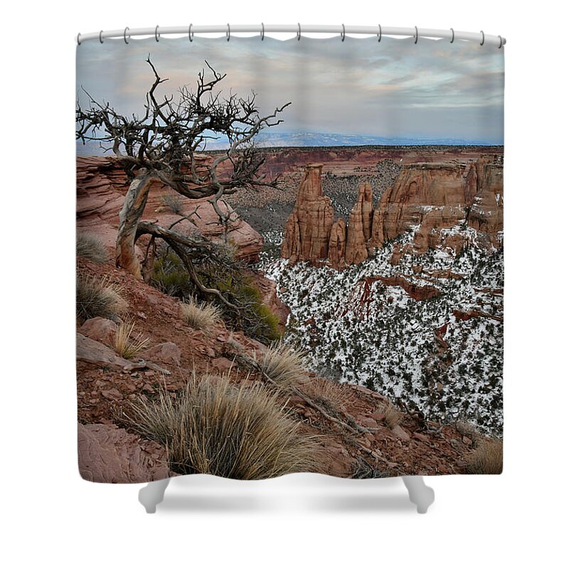 Colorado National Monument Shower Curtain featuring the photograph Moon Rising over Grand View Point in Colorado National Monument by Ray Mathis