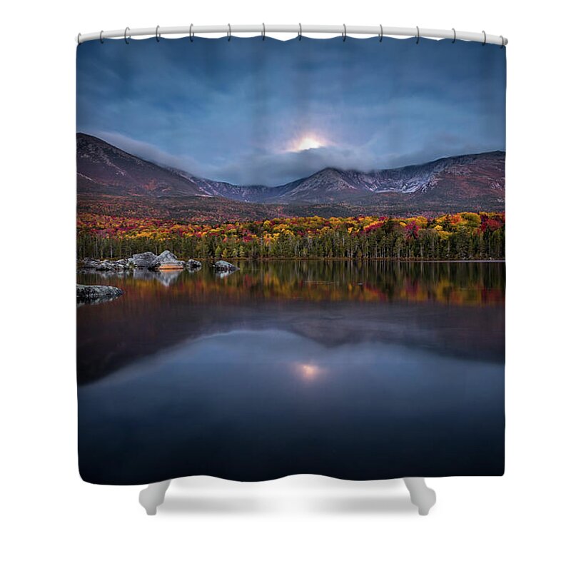 Maine Shower Curtain featuring the photograph Moon Set at Sandy Stream Pond, Baxter State Park by Colin Chase
