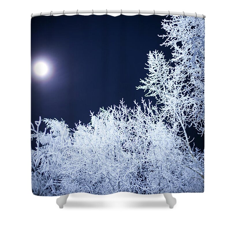 Snow Shower Curtain featuring the photograph Moonlight Shining Down On A Snowy by Vnosokin