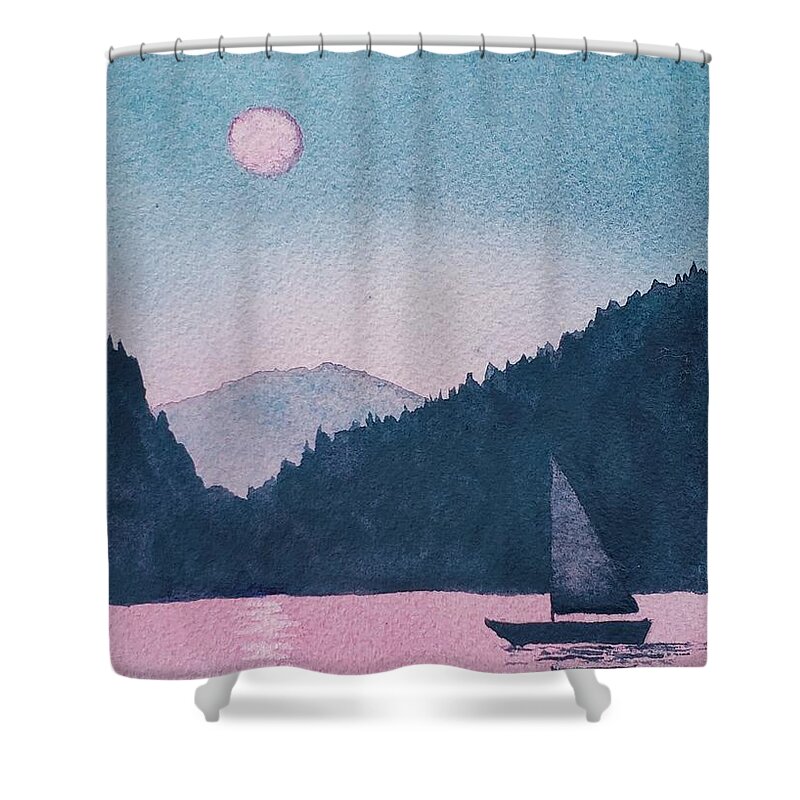 Sailboat Greeting Shower Curtain featuring the painting Moonlit Sails by Lisa Debaets