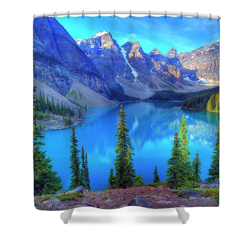 Scenics Shower Curtain featuring the photograph Moraine Lake, Banff, Rocky Mountain by All Rights By Krishna.wu