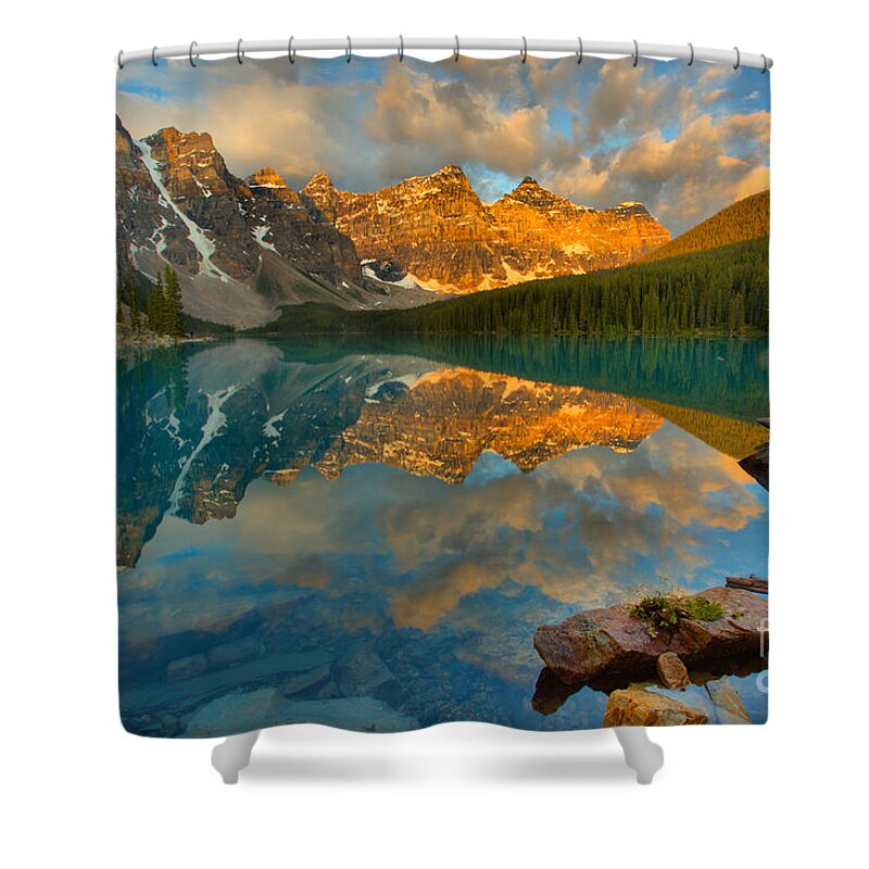 Morain Lake Shower Curtain featuring the photograph Moraine Lake Fiery July Morning by Adam Jewell