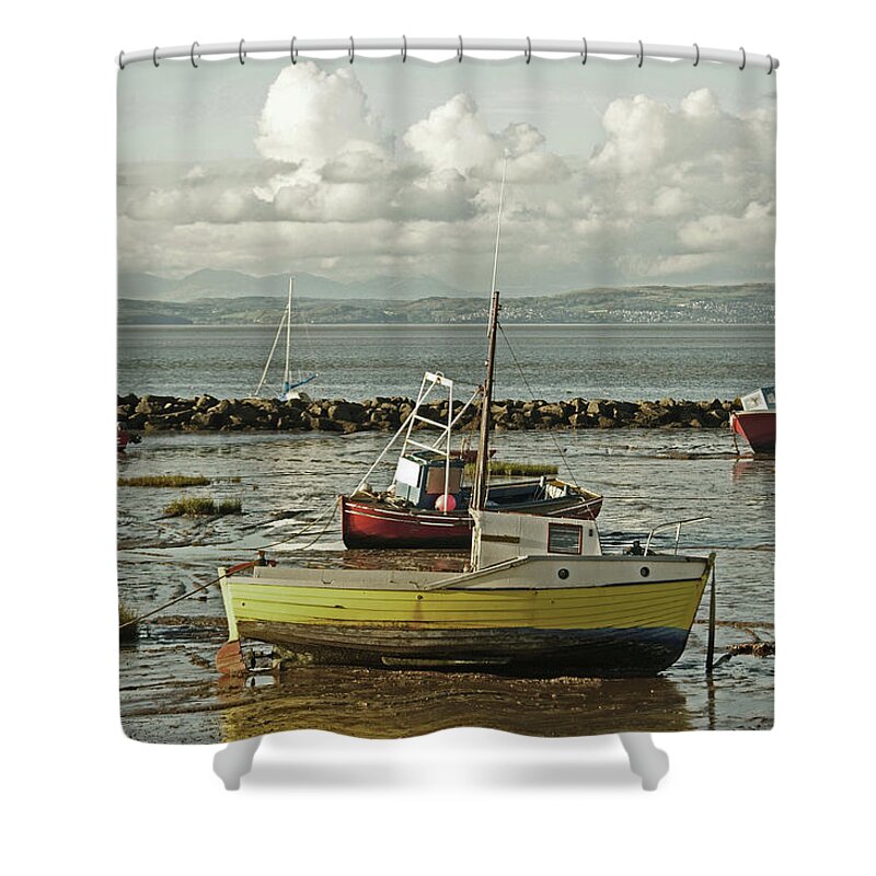 Morecambe Shower Curtain featuring the photograph MORECAMBE. Boats On The Shore. by Lachlan Main