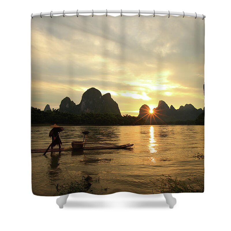 Yangshuo Shower Curtain featuring the photograph Morning Fishing by Bihaibo