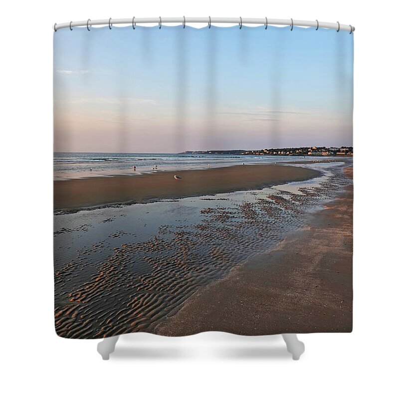 Ogunquit Shower Curtain featuring the photograph Morning Light on Ogunquit Beach Ogunquit Maine Sunrise Sand Pattern by Toby McGuire