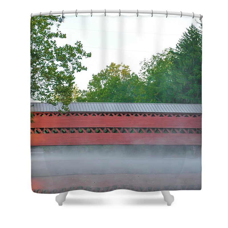 Morning Shower Curtain featuring the photograph Morning on Swamp Creek - Sachs Covered Bridge - Gettysburg by Bill Cannon