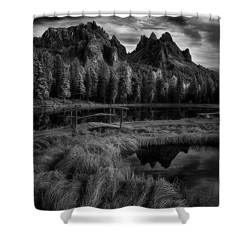  Black And White Shower Curtain featuring the photograph Morning Sky in the Dolomites by Jon Glaser