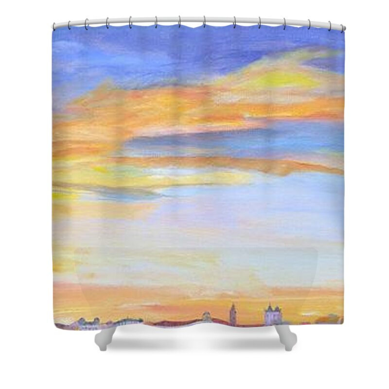 Sunset Shower Curtain featuring the painting Mortal by Kate Conaboy