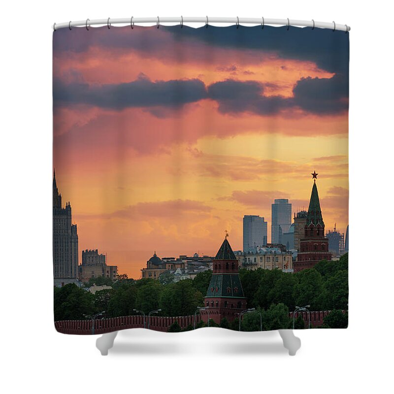 Outdoors Shower Curtain featuring the photograph Moscow Skyline At Dusk by Jon Hicks
