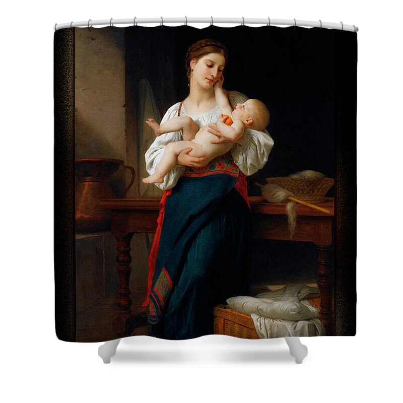 Mother And Child Shower Curtain featuring the painting Mother and Child by William Adolphe Bouguereau by Rolando Burbon