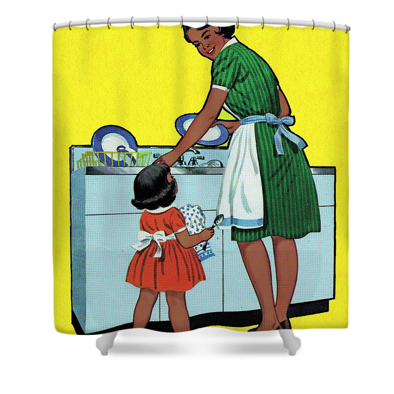 Adult Shower Curtain featuring the drawing Mother Washing the Dishes by CSA Images