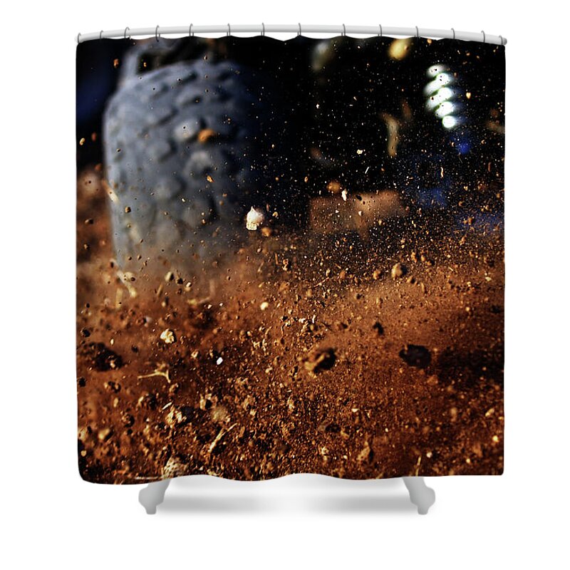 Outdoors Shower Curtain featuring the photograph Motorbike On Dirt Road, Close Up by Yaniv Ben Simon - Photography & Design