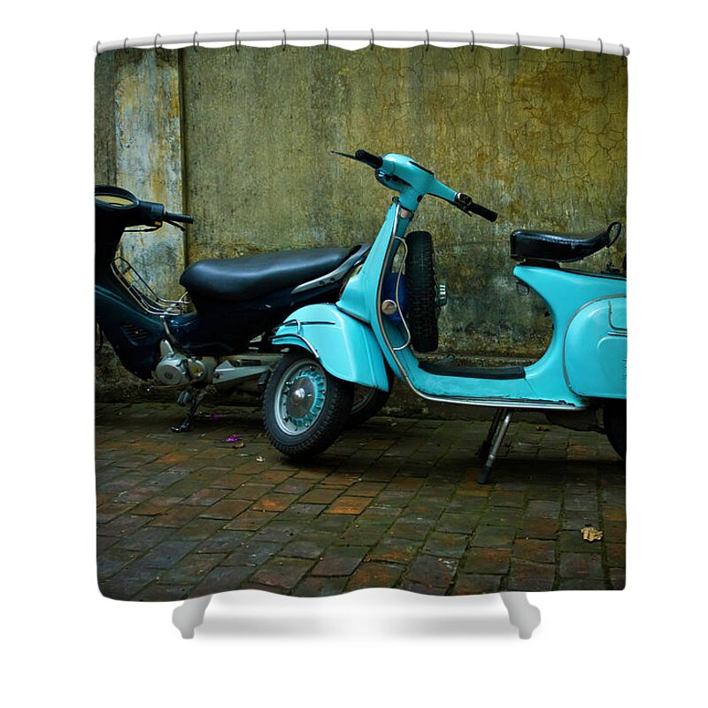 Two Objects Shower Curtain featuring the photograph Motorbikes On Brick Sidewalk by Image By David Koiter
