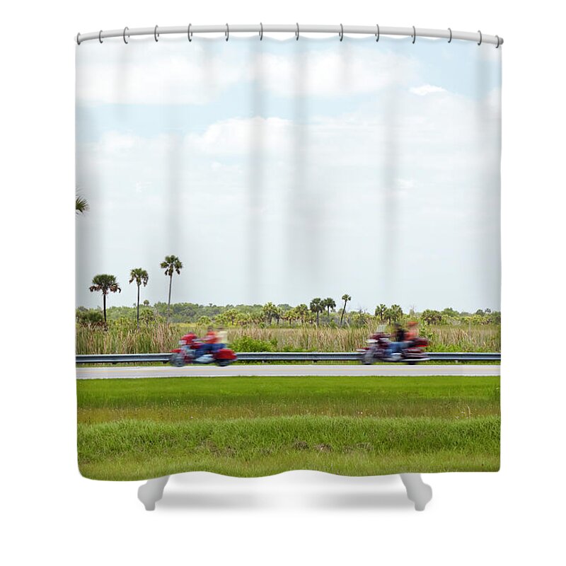 People Shower Curtain featuring the photograph Motorcycle Roadtrip by Ideeone