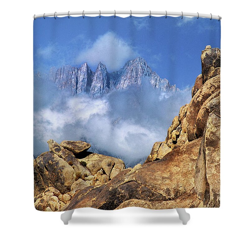 North America Shower Curtain featuring the photograph Mount Whitney In Clouds Alabama Hills California by Dave Welling