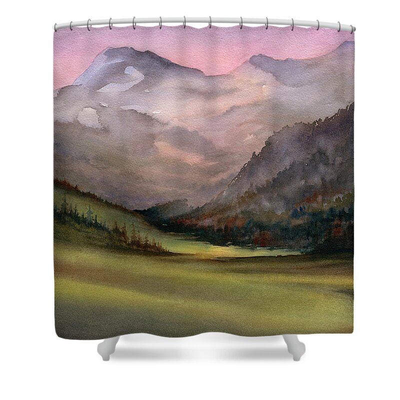 Watercolor Painting Shower Curtain featuring the digital art Mountain Greenery by Ileximage